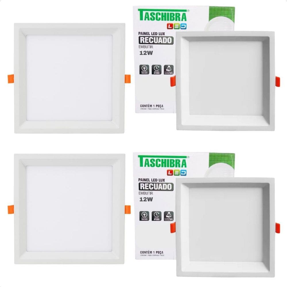 4 Painéis Led Quadrado Embutir Recuado 12W Bivolt 3000K