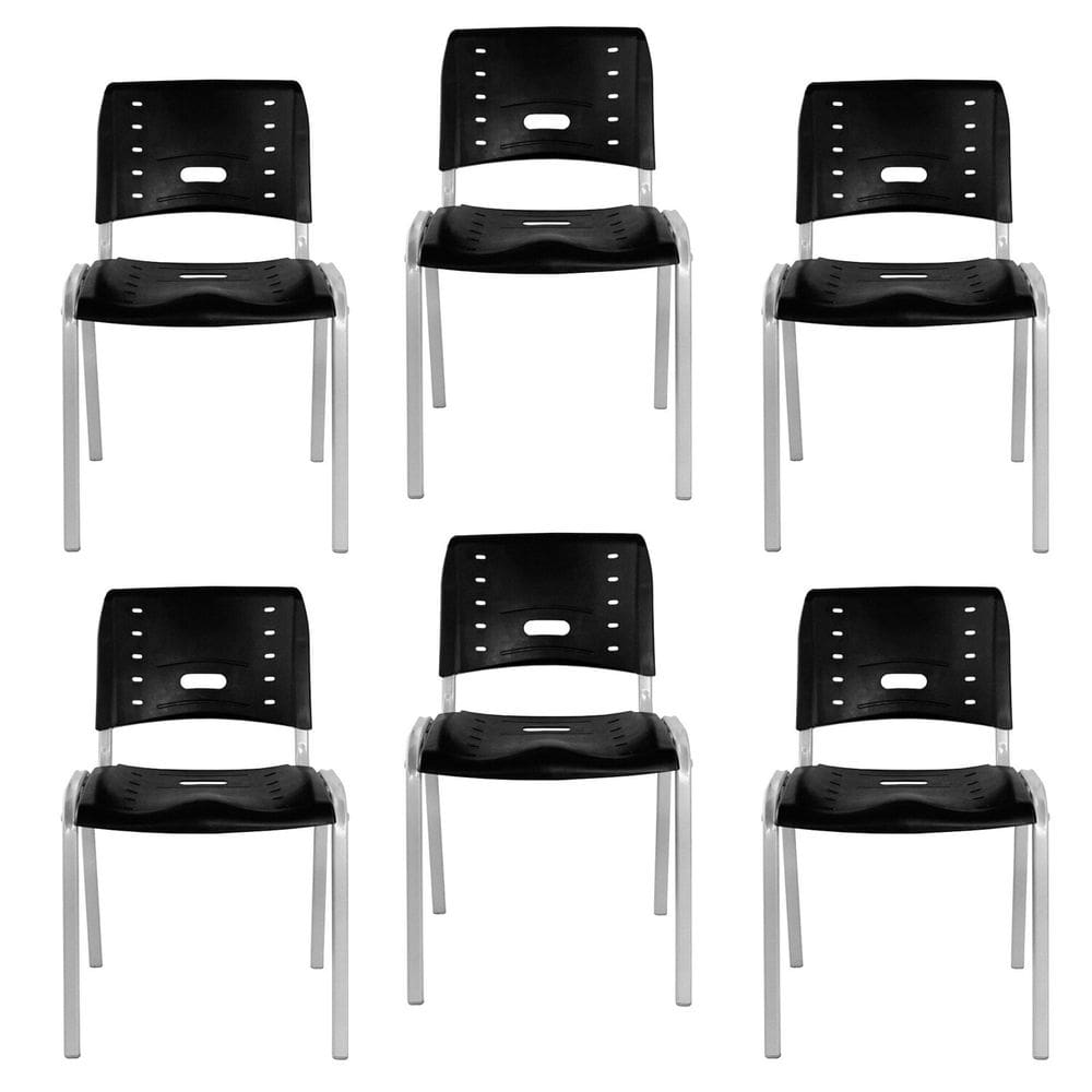 Conjunto 6 Cadeiras Escritório Fixa Empilhável Hotel Auditório Elo Preto/Alumínio
