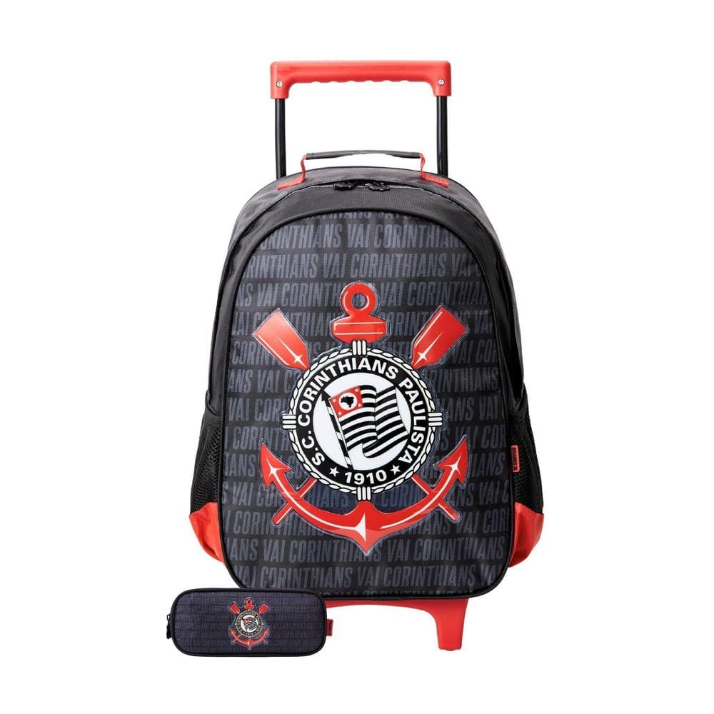 Kit Mochila De Rodinha + Estojo Triplo Corinthians Timão