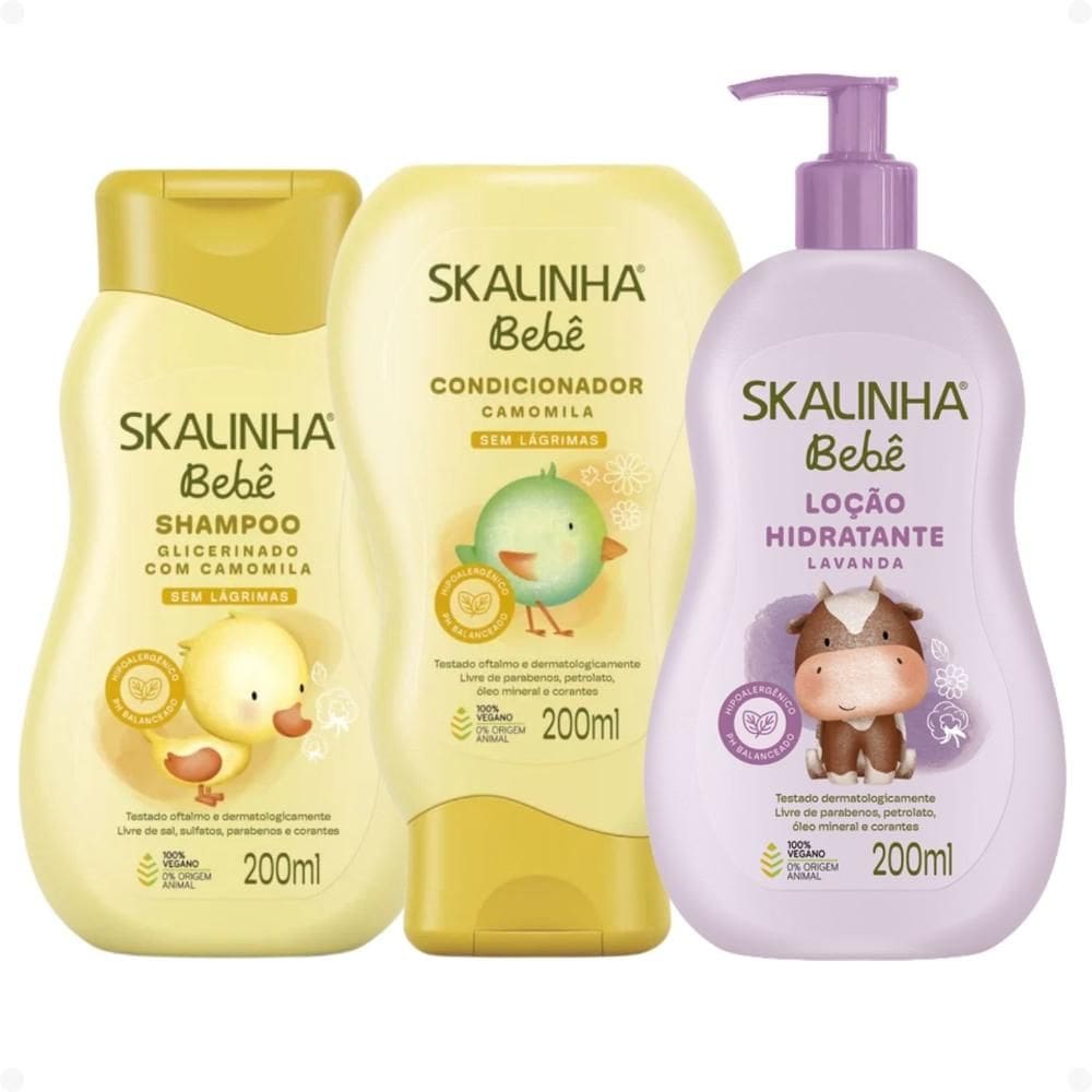 Kit Skalinha Bebê Glicerinado Com Camomila: Shampoo e Condicionador 200ml + Loção Hidtratante Lavanda 200ml