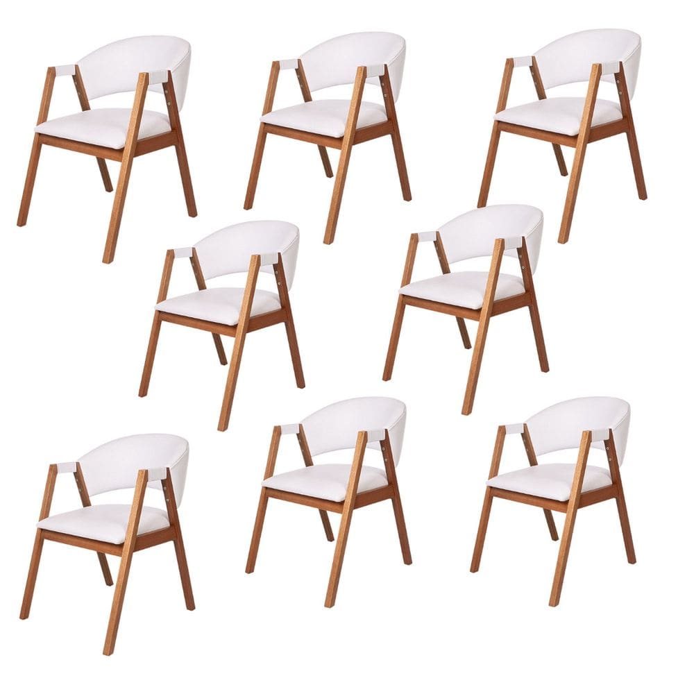 Kit 8 Cadeiras Madeira Eucalipto Estofada Courino Hibisco Branco / Amêndoa