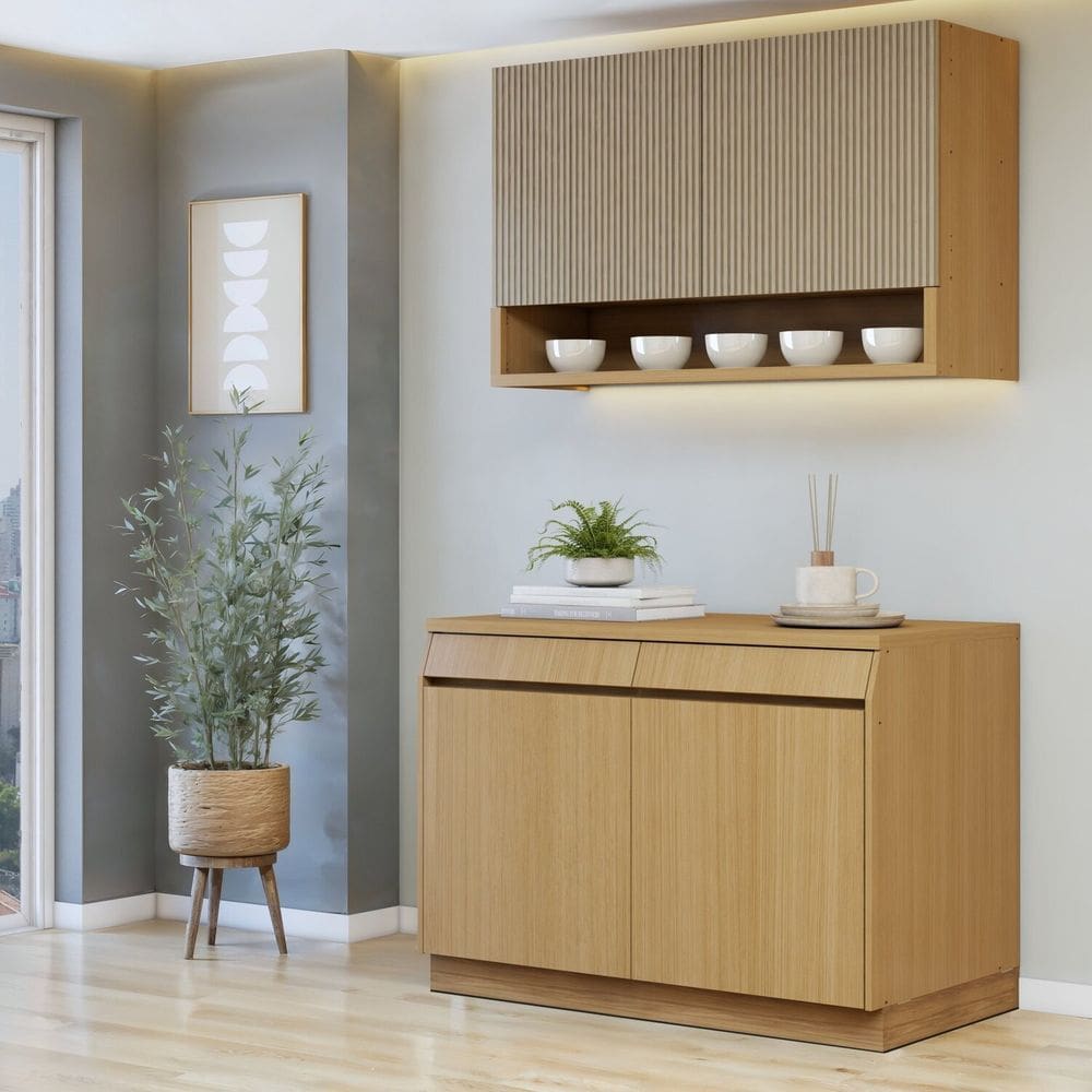 Cozinha Completa Modulada 2 Peças 4 Portas 2 Gavetas com Rodapé 100% Mdf Carvalho/Greige