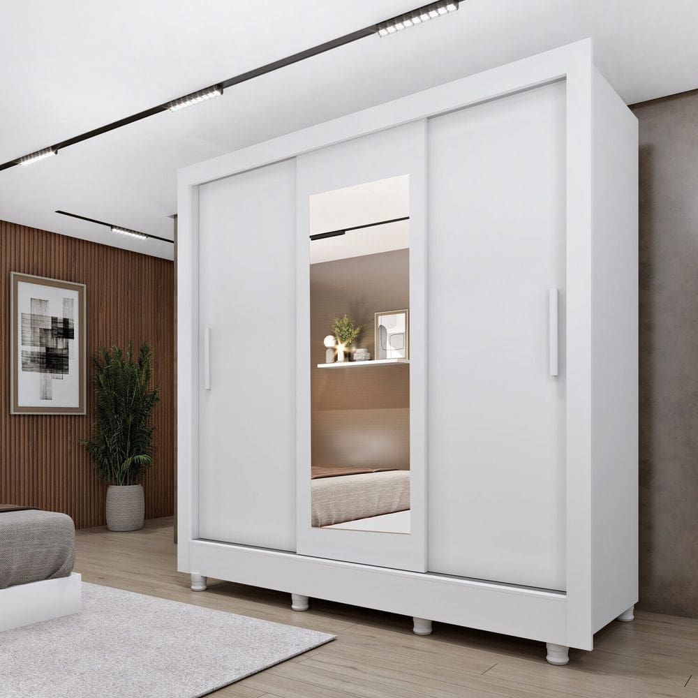 Guarda-roupa Casal 3 Portas 190cm com Espelho e Pés Taiffa Neve