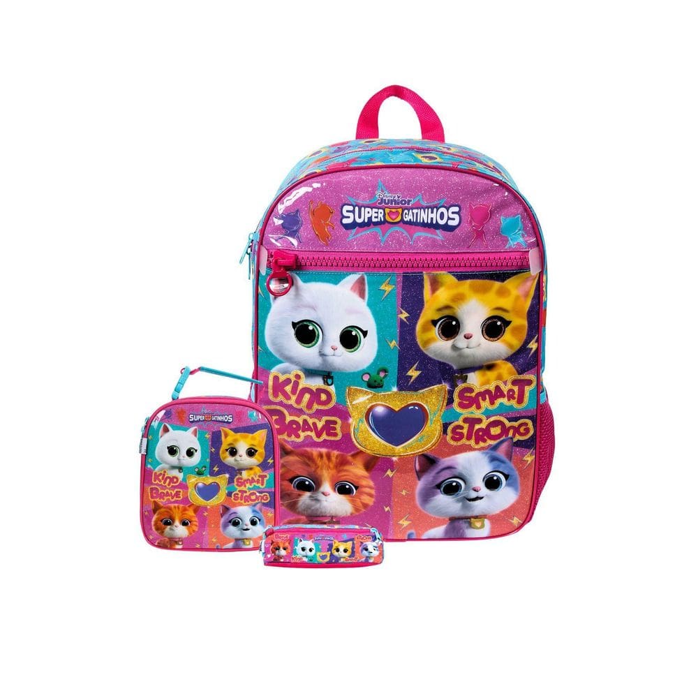 Kit Escolar Super Gatinhos Mochila Costas Lancheira Estojo