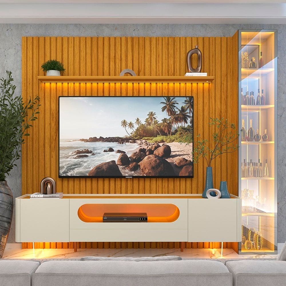 Rack com Painel para Tv 84 Polegadas 100% Mdf com Led Pés em Madeira Maciça Nobre Clean/luminare Naturale/Off White