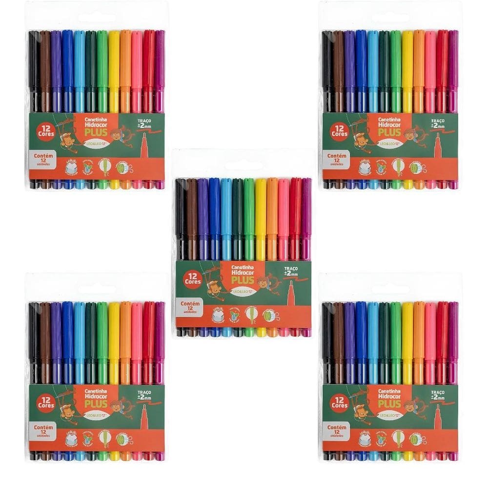 Kit 5 Estojos Canetinhas 12 Cores Hidrográficas Plus Leo&Leo