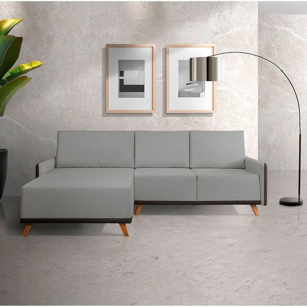 Sofá 4 Lugares com Chaise Lado Esquerdo 258cm em Sintético Geribá Cinza / Preto