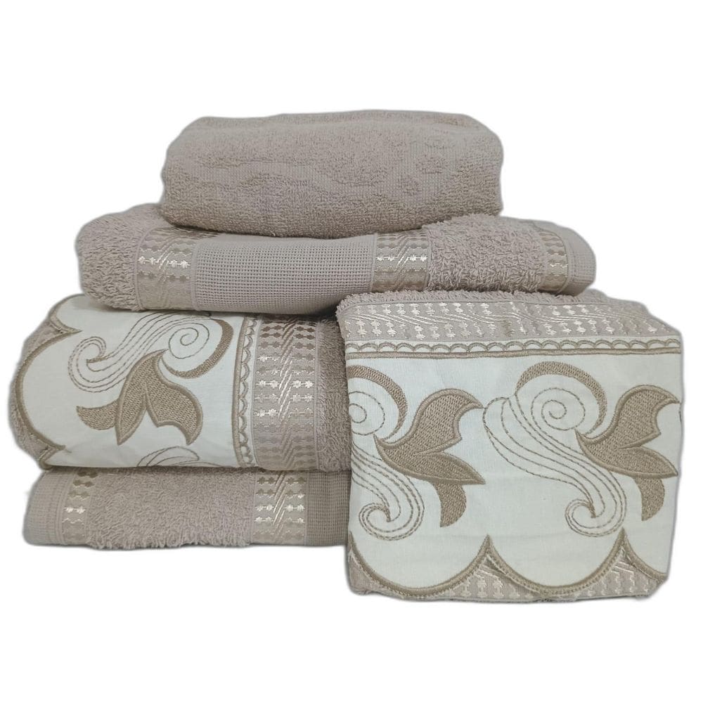 Jogo Toalha Banho Gigante Luxo Nobre 5 Pçs Bordadas Cáqui