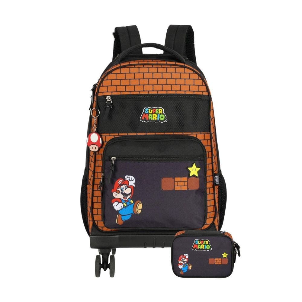 Kit Mochila 4 Rodas 360º+Estojo Box Super Mario - Marrom