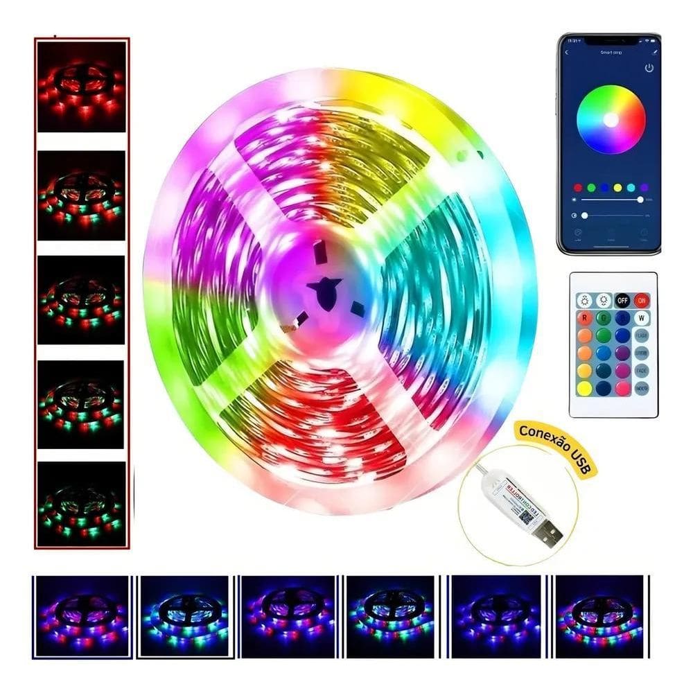 2X Fita Led Colorida 10Mt Prova D`Agua Bluethooth Usb Contro