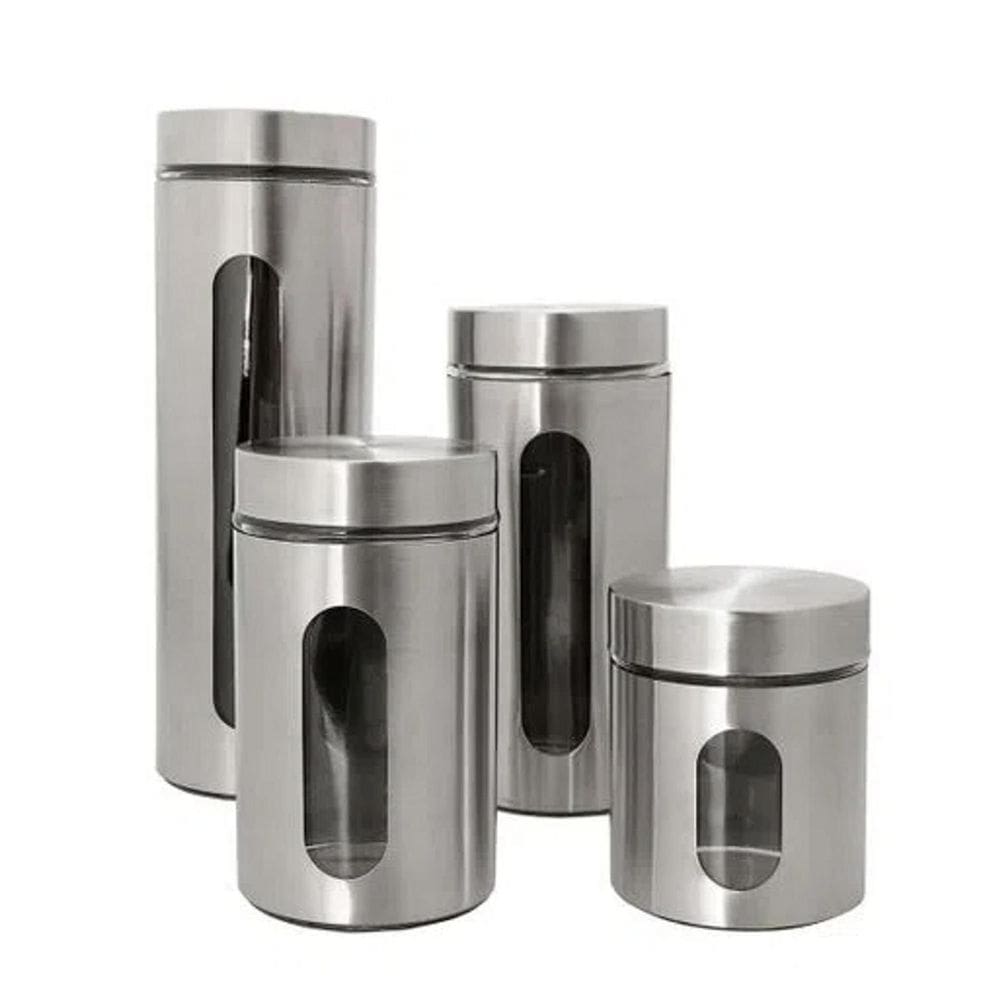 Jogo 4 Potes Hermeticos de Aço Inox e Vidro Redondo Kehome