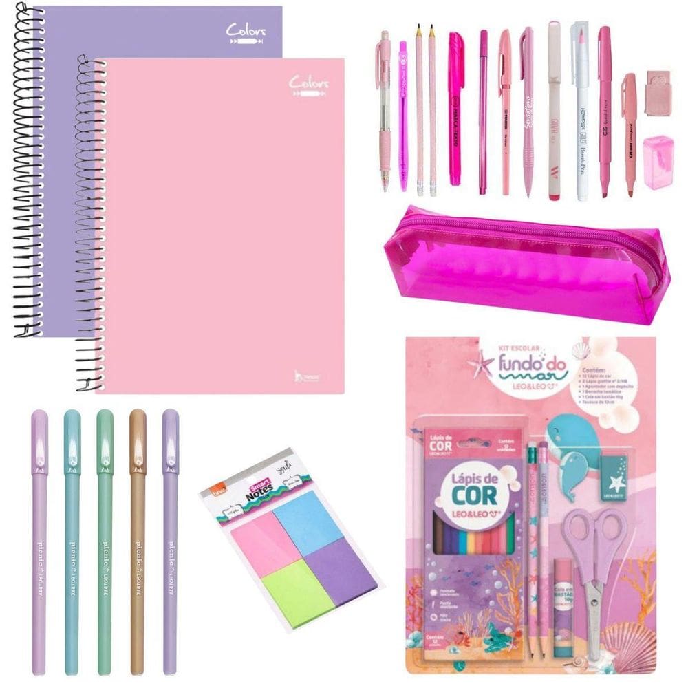 Kit Papelaria Estojo Tons De Rosa Escolar Completo 45 Itens