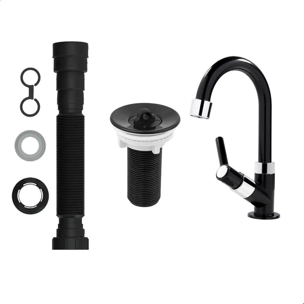 2X Kit Torneira Para Lavatório + Válvula + Sifão - Preto/Bla
