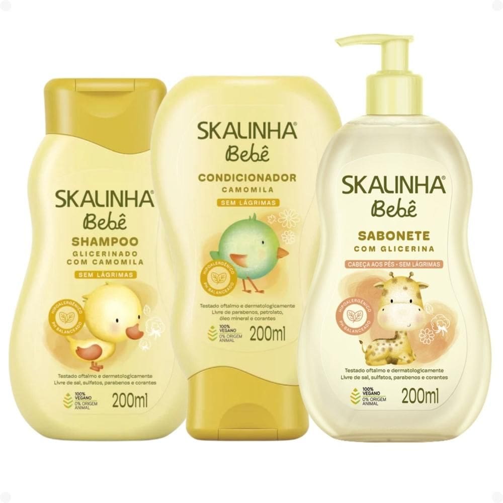 Kit Skalinha Bebê: Shampoo e Condicionador Camomila 200ml + Sabonete Liquido Com Glicerina 200ml