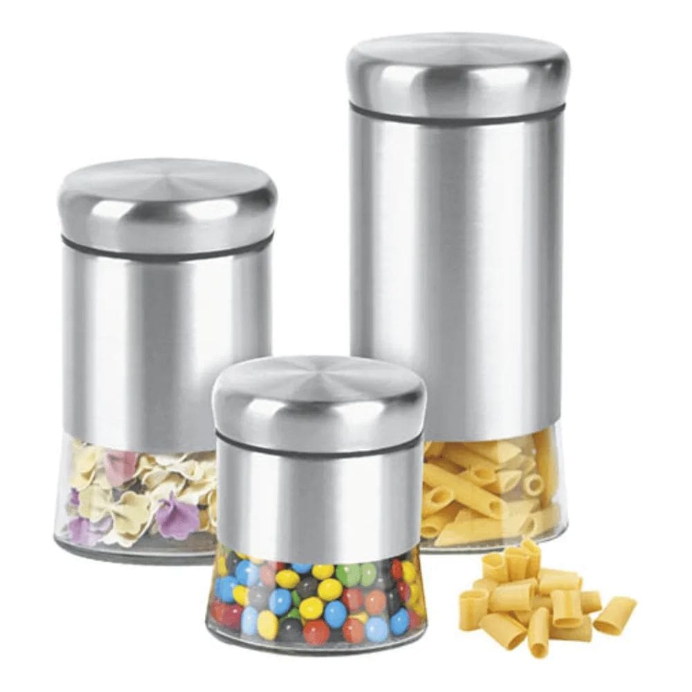 Jogo Com 3 Potes Hermeticos Aço Inox Vidro Varios Tamanhos Kehome