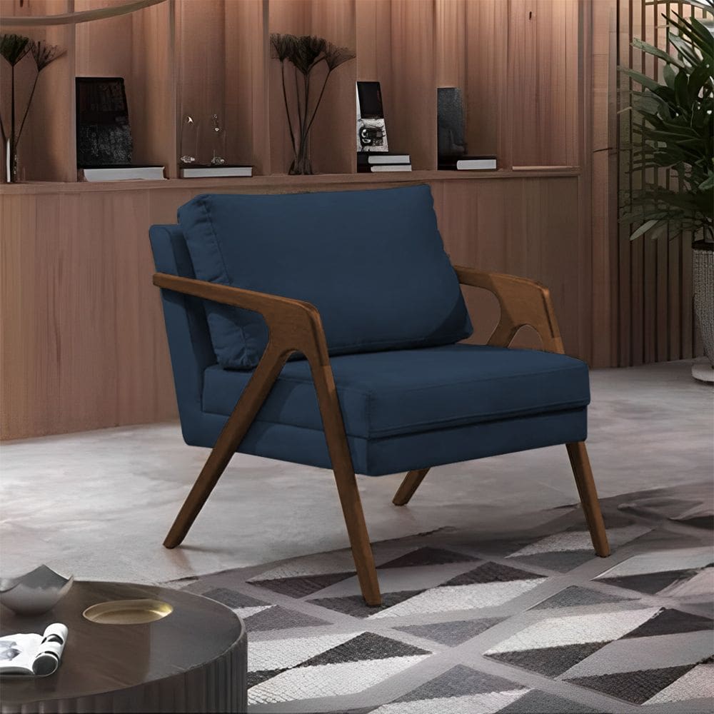 Poltrona Mona Monique Luxo Base Madeira Maciça Natural Veludo Azul
