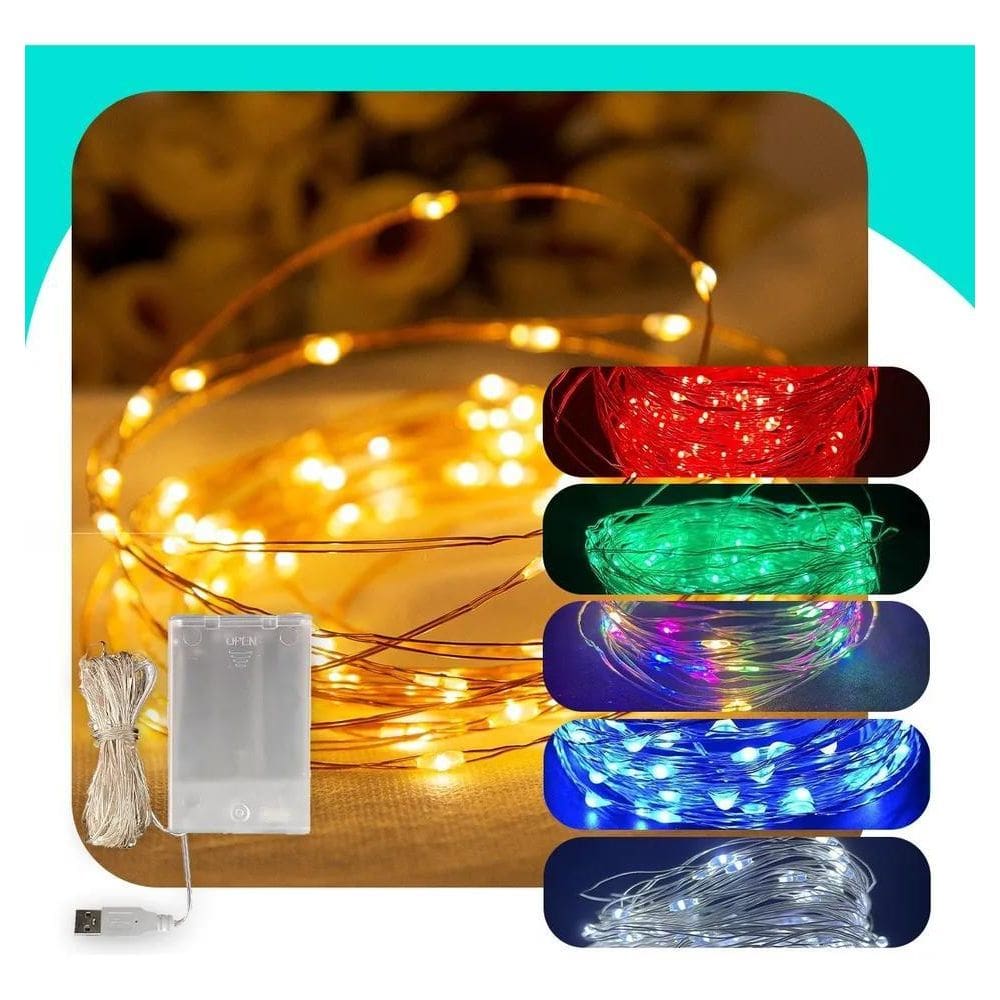 2X Cordão Fio De Fada 5M 50 Leds Enfeite Natal Branco Quente