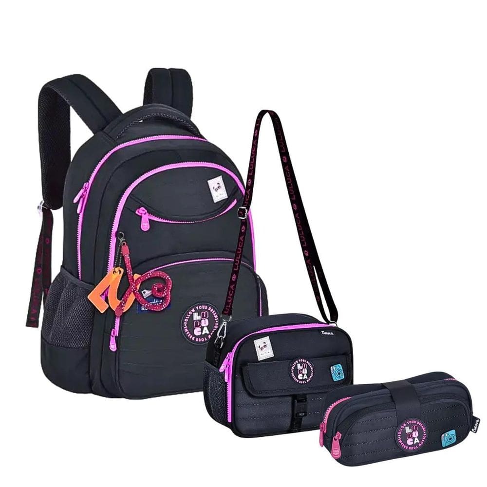 Kit Mochila Costas Lancheira E Estojo Preto Luluca