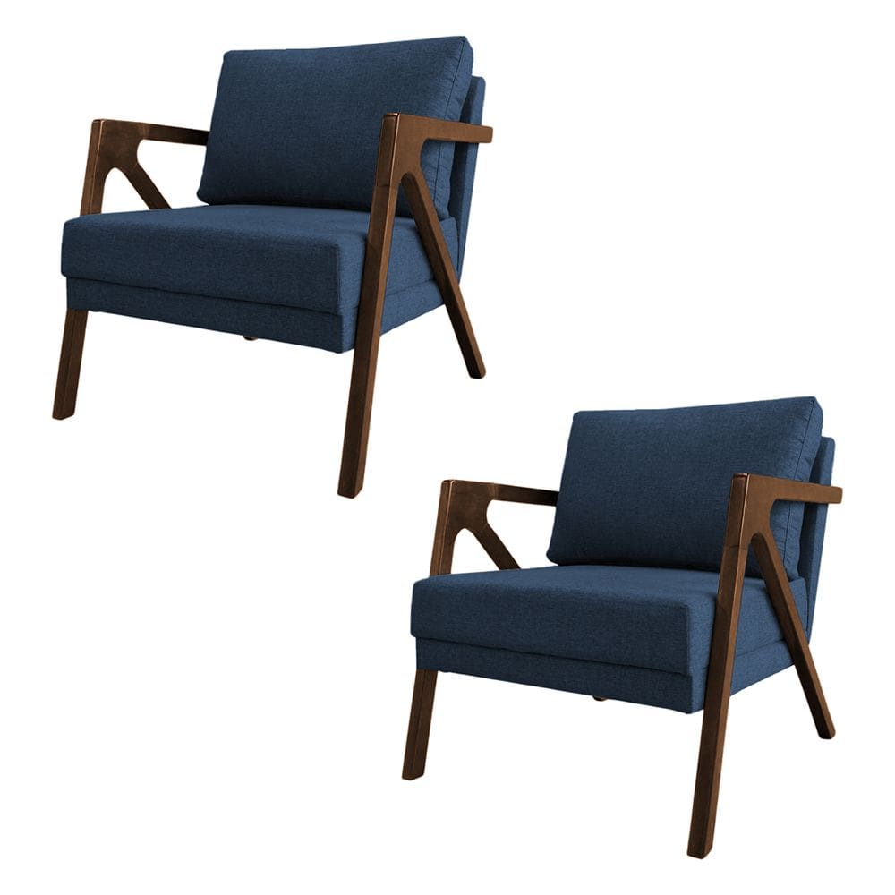 Kit 2 Poltronas Mona Monique Luxo Base Madeira Maciça Natural Linho Azul