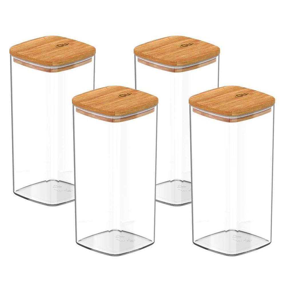 Kit Com 04 Potes Herméticos Tempero 340Ml Com Tampa De Bambu