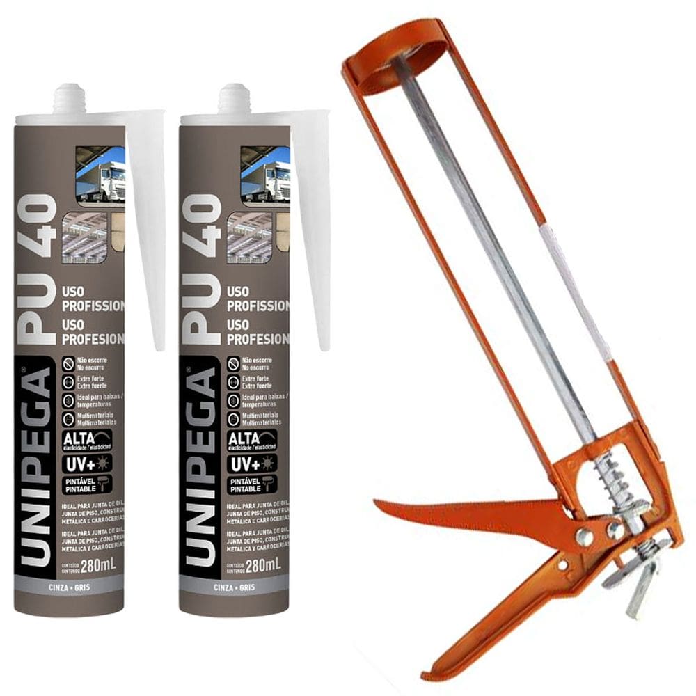 Kit 2 Selante PU40 Unipega Cinza 400g Vedação + Aplicador de Silicone Construção Profissional Veda Cola