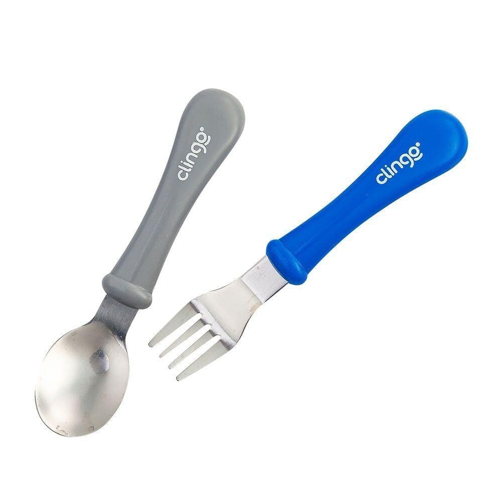 Conjunto De Utensílios Em Metal Azul E Cinza Para Bebês - Colher E Garfo Modernos