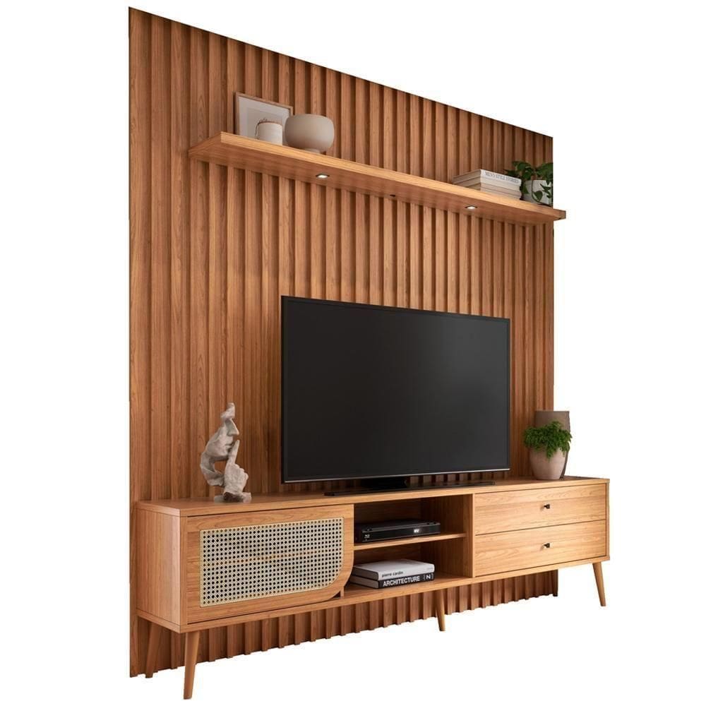 Rack Para Sala Com Painel Ripado Para 60 Pol Fita Led Ada D03 Freijó - Lyam Decor