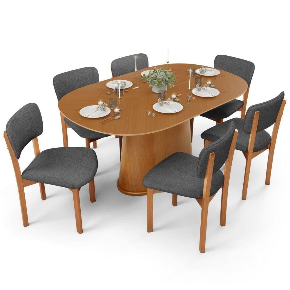 Mesa Para Sala De Jantar Valência Com 06 Cadeiras Sala De Jantar Dara L02 Linho Cinza Escuro - Lyam Decor