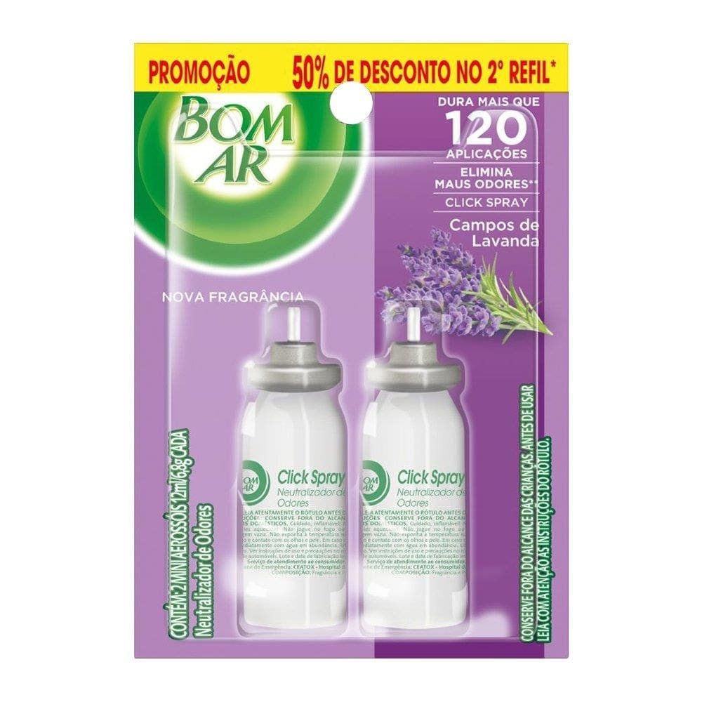 Purificador Bom Ar Lavanda Click Spray Refil 12ml - Embalagem com 2 Unidades