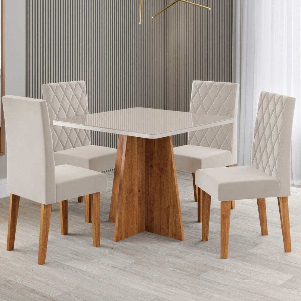 Mesa de Jantar 4 Lugares Evah com Vidro Marrom/Off White/Veludo Pastel - Viero Móveis