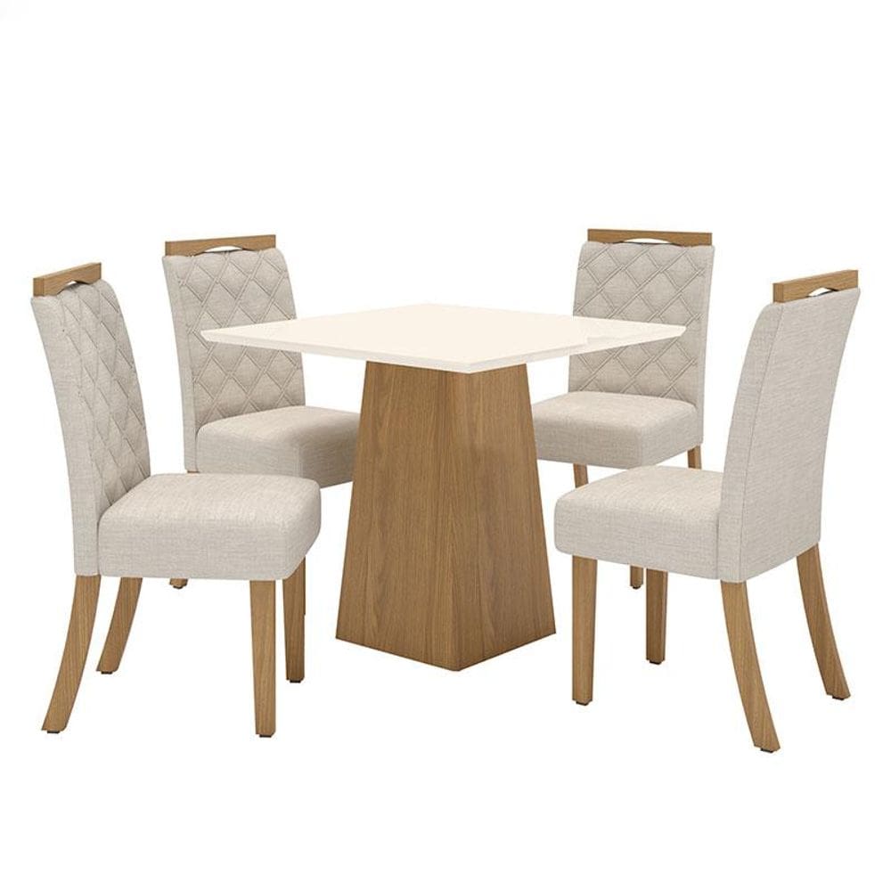 Mesa de Jantar Dora 90cm Canto Reto sem Vidro Nature Off White com 4 Cadeiras Bella Linho - Henn