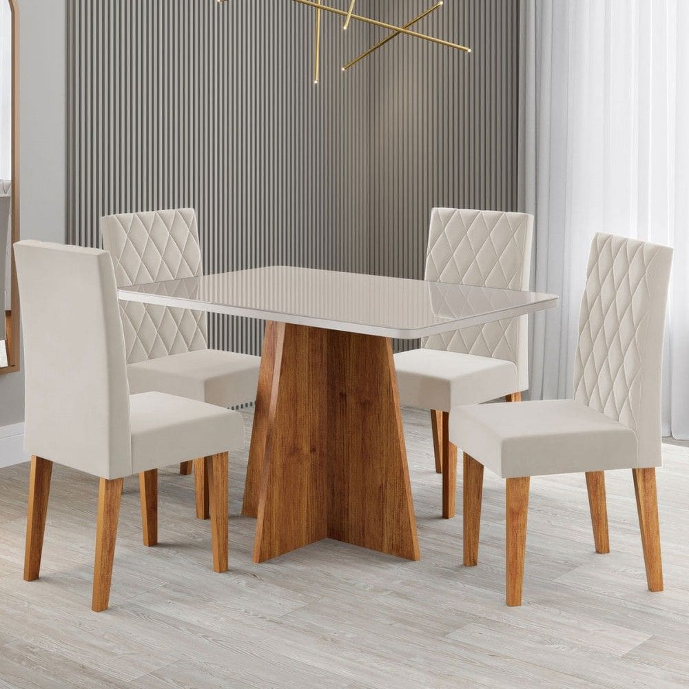 Mesa de Jantar 4 Lugares Antonella com Vidro Marrom/Off White/Veludo Pastel - Viero Móveis