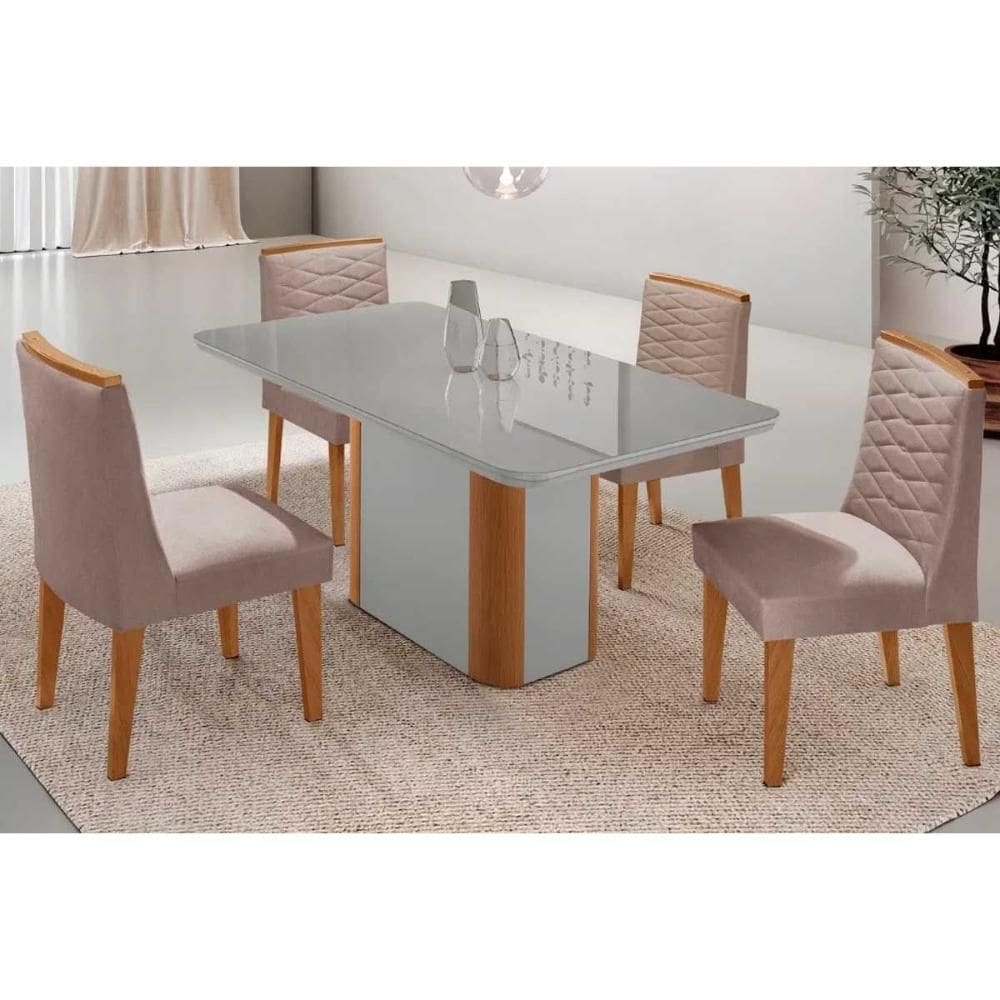 Conjunto Sala de Jantar Pietá c/ Tampo Madeirado c/ Vidro Canto Curvo 120x80cm e 4 Cadeiras Maldivas Madeira Maciça Naturale/Off White - Capuccino/Lin