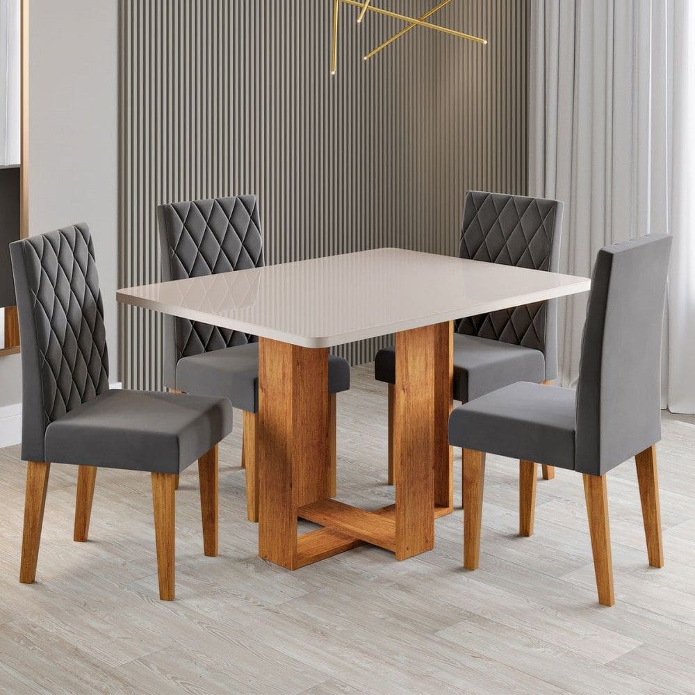 Mesa de Jantar 4 Lugares Afrodite com Vidro Marrom/Off White/Veludo Cinza - Viero Móveis