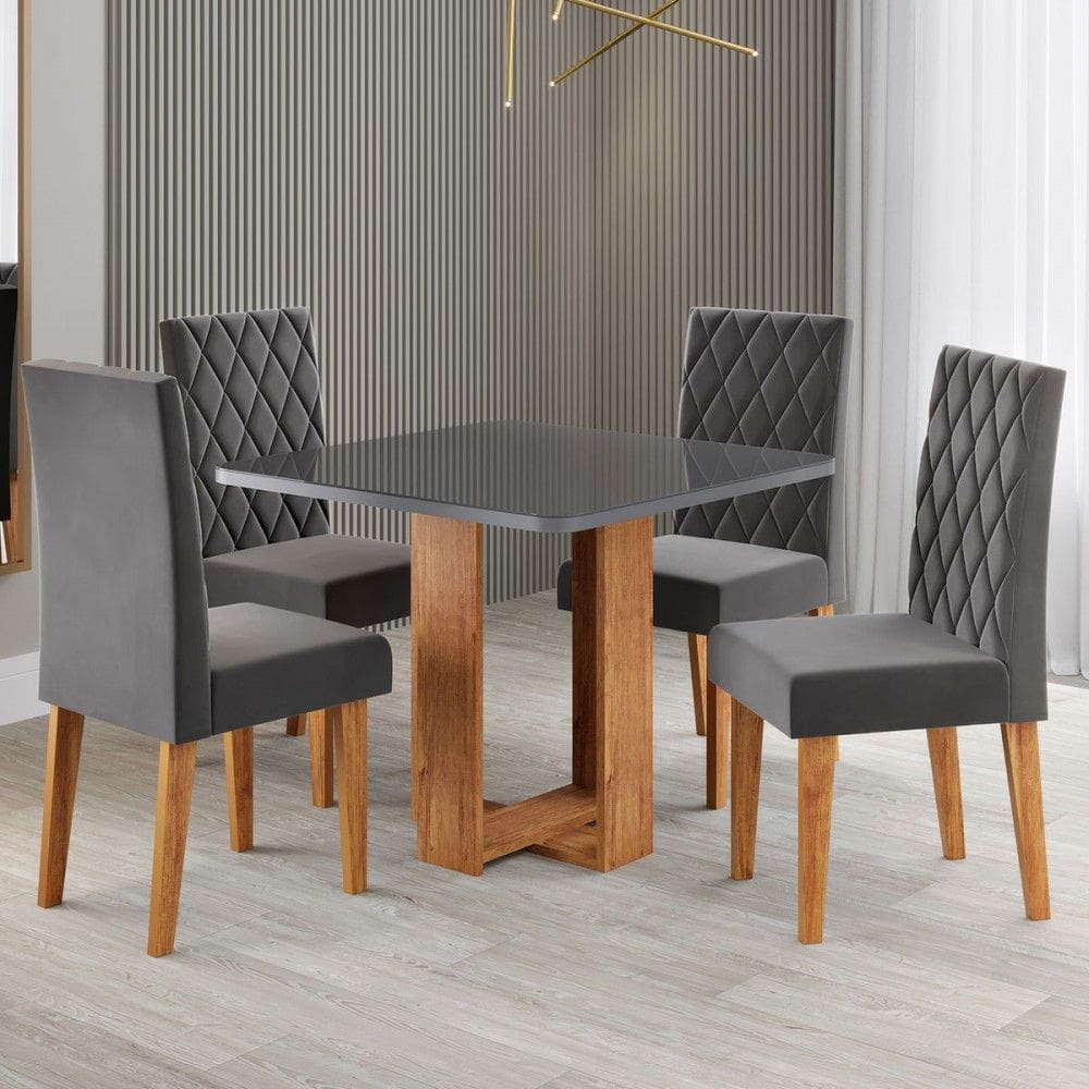 Mesa de Jantar 4 Lugares Magiore com Vidro Marrom/Grafite/Veludo Cinza - Viero Móveis