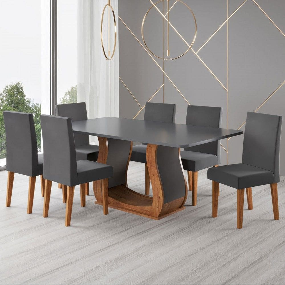 Mesa de Jantar 6 Lugares Amarena Marrom/Cinza/Veludo Cinza - Viero Móveis