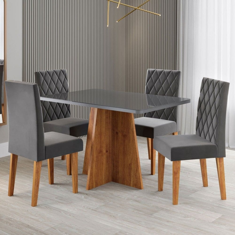 Mesa de Jantar 4 Lugares Antonella Marrom/Cinza/Veludo Cinza - Viero Móveis