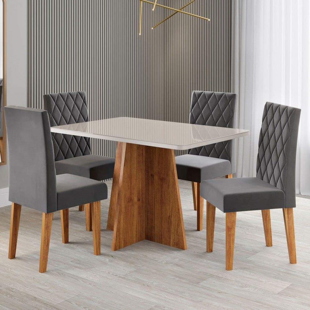 Mesa de Jantar 4 Lugares Antonella com Vidro Marrom/Off White/Veludo Cinza - Viero Móveis