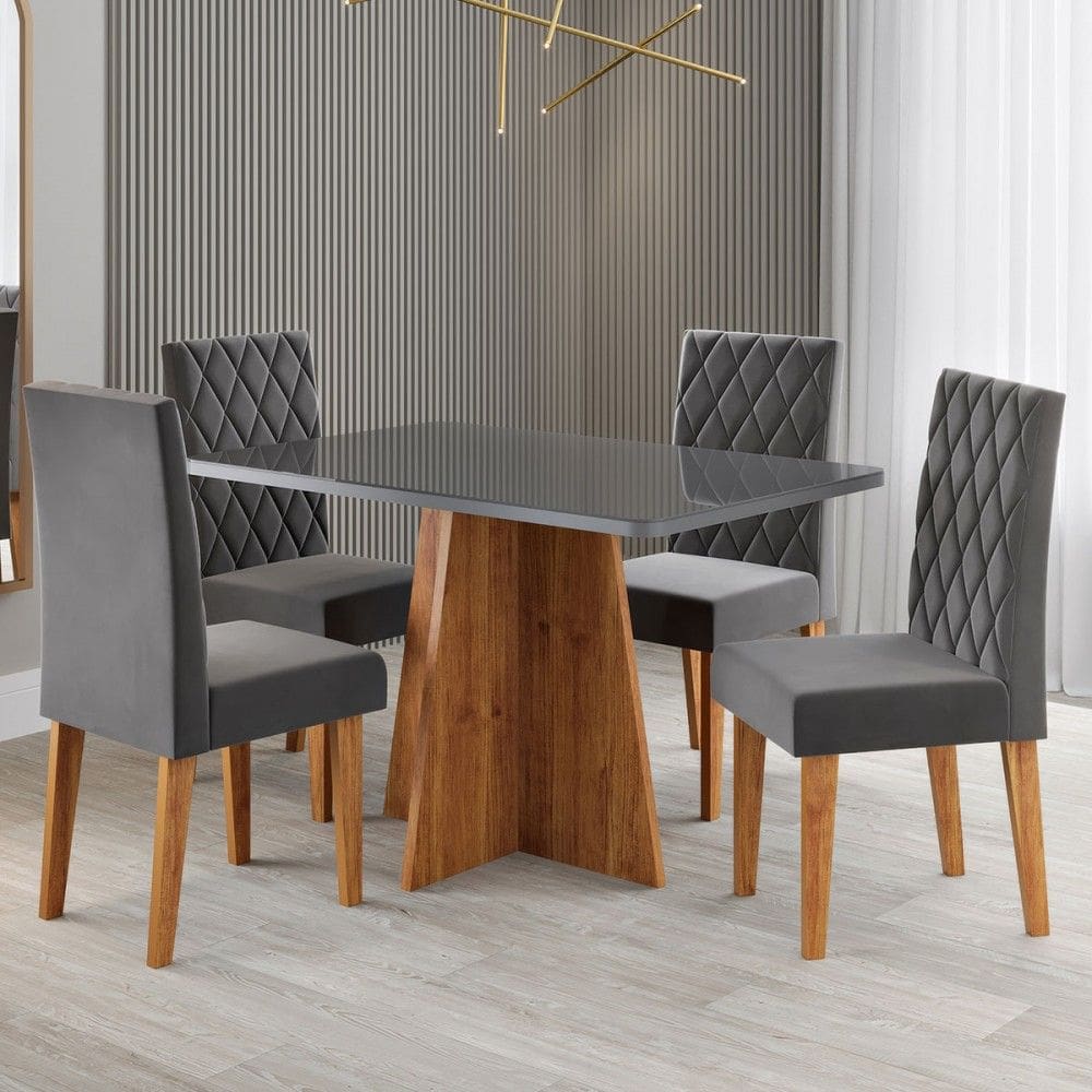 Mesa de Jantar 4 Lugares Antonella com Vidro Marrom/Grafite/Veludo Cinza - Viero Móveis