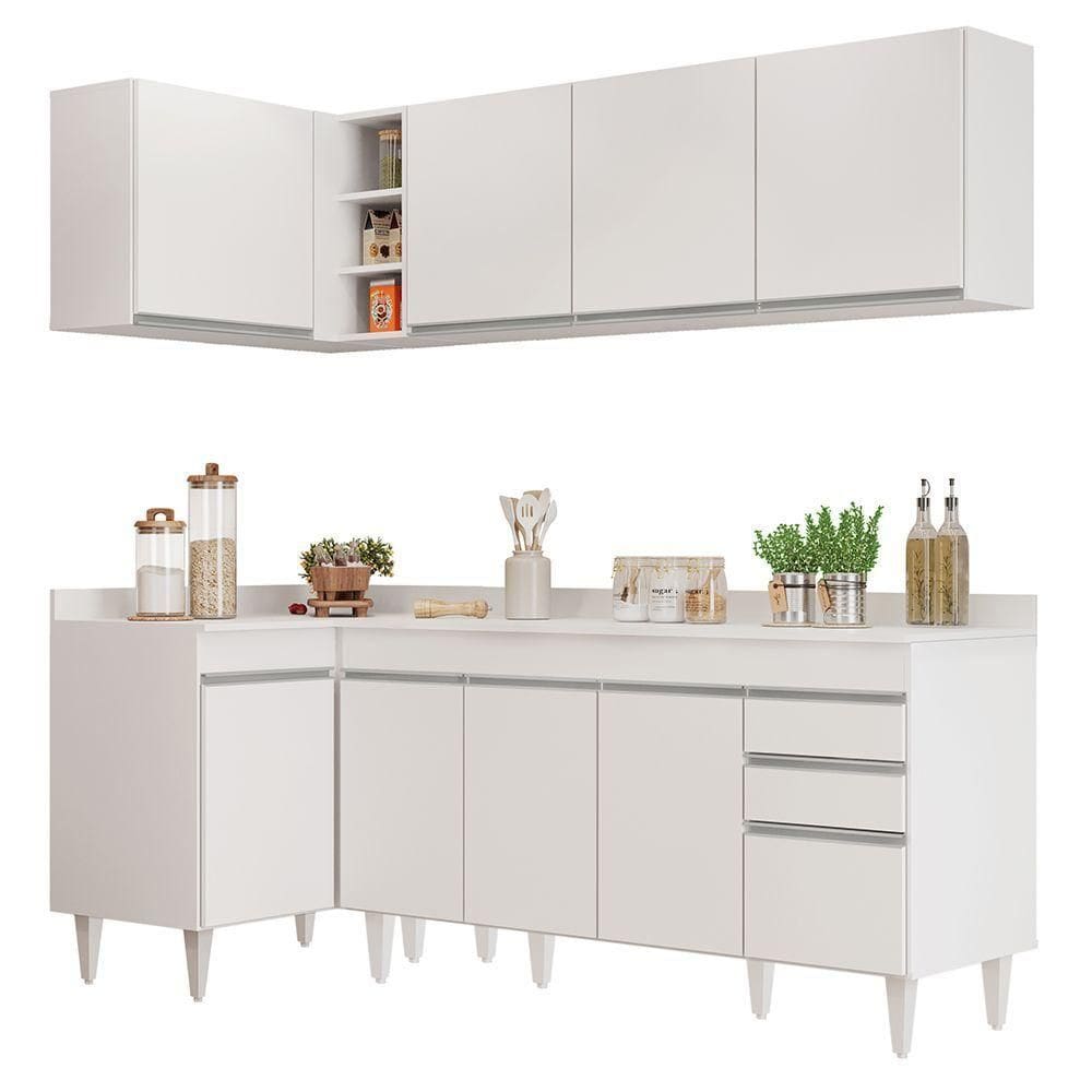 Armário De Cozinha Modulado De Canto Direito 4 Peças Cp41 Balcão Com Tampo Branco - Lumil