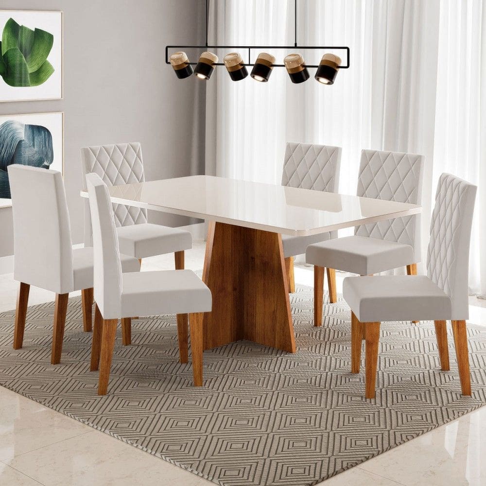 Mesa de Jantar 6 Lugares Antonella Marrom/Blonde/Veludo Pastel - Viero Móveis