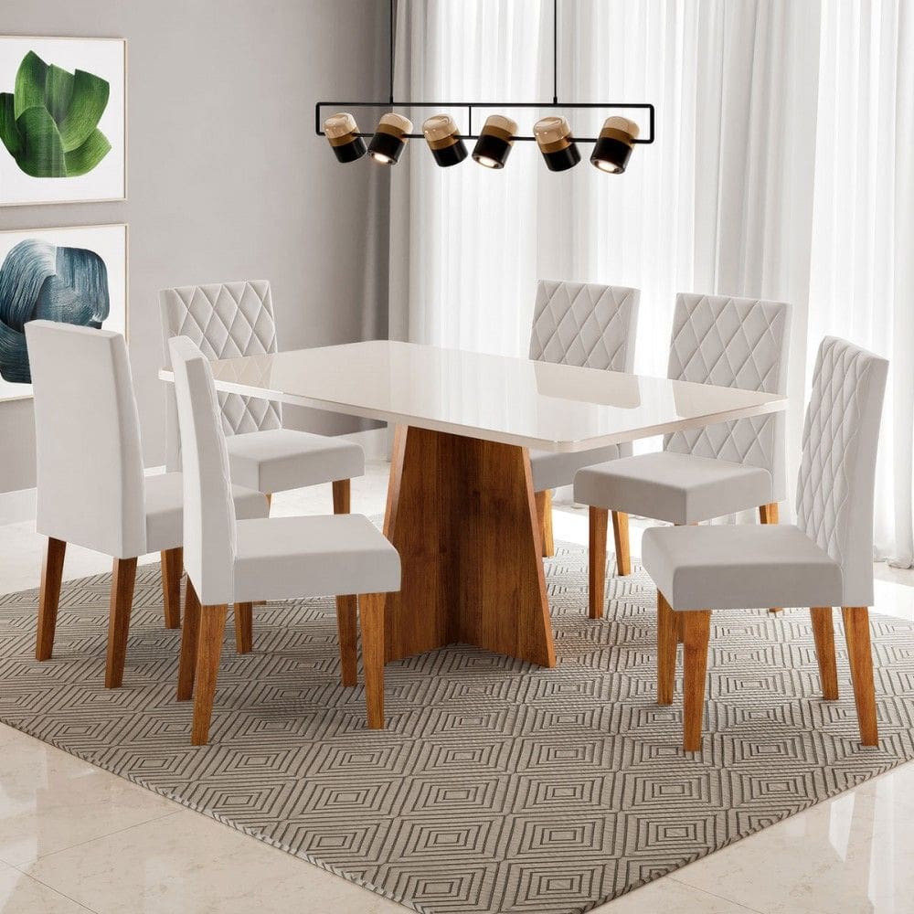 Mesa de Jantar 6 Lugares Antonella com Vidro Marrom/Off White/Veludo Pastel - Viero Móveis