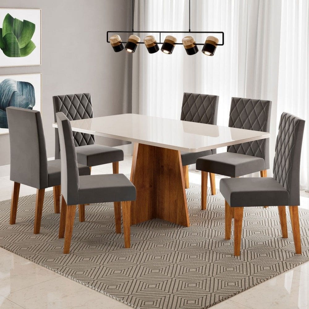 Mesa de Jantar 6 Lugares Antonella com Vidro Marrom/Off White/Veludo Cinza - Viero Móveis