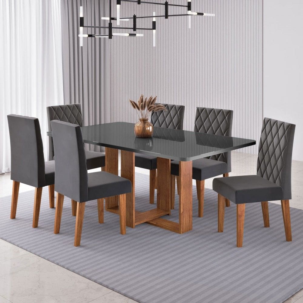 Mesa de Jantar 6 Lugares Afrodite com Vidro Marrom/Grafite/Veludo Cinza - Viero Móveis