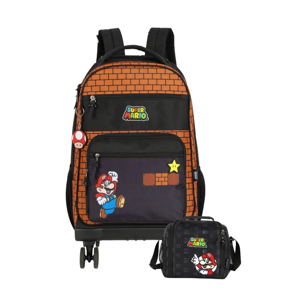 Kit Escolar Mochila Rodas+Lancheira Super Mario - Marrom