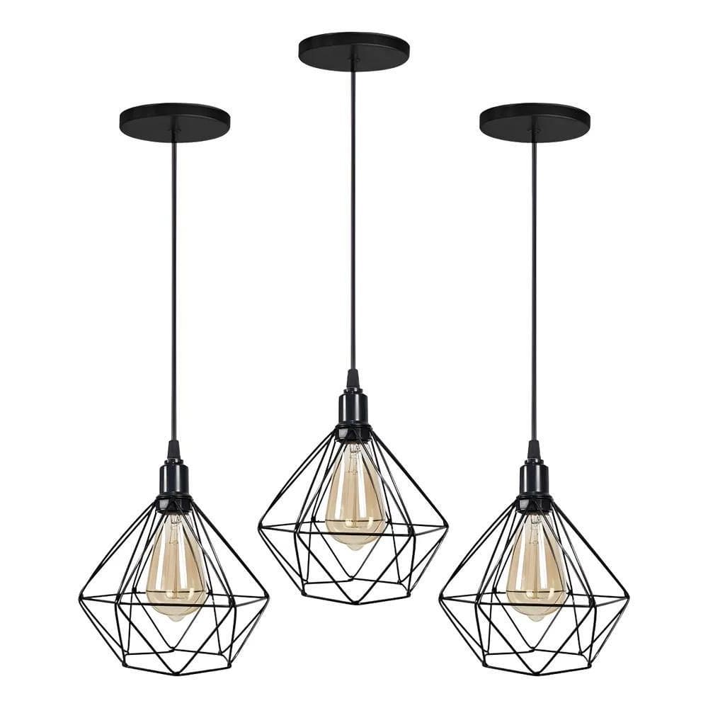 2X Kit 3 Pentende Retrô Industrial Preto Soquete Liso E27