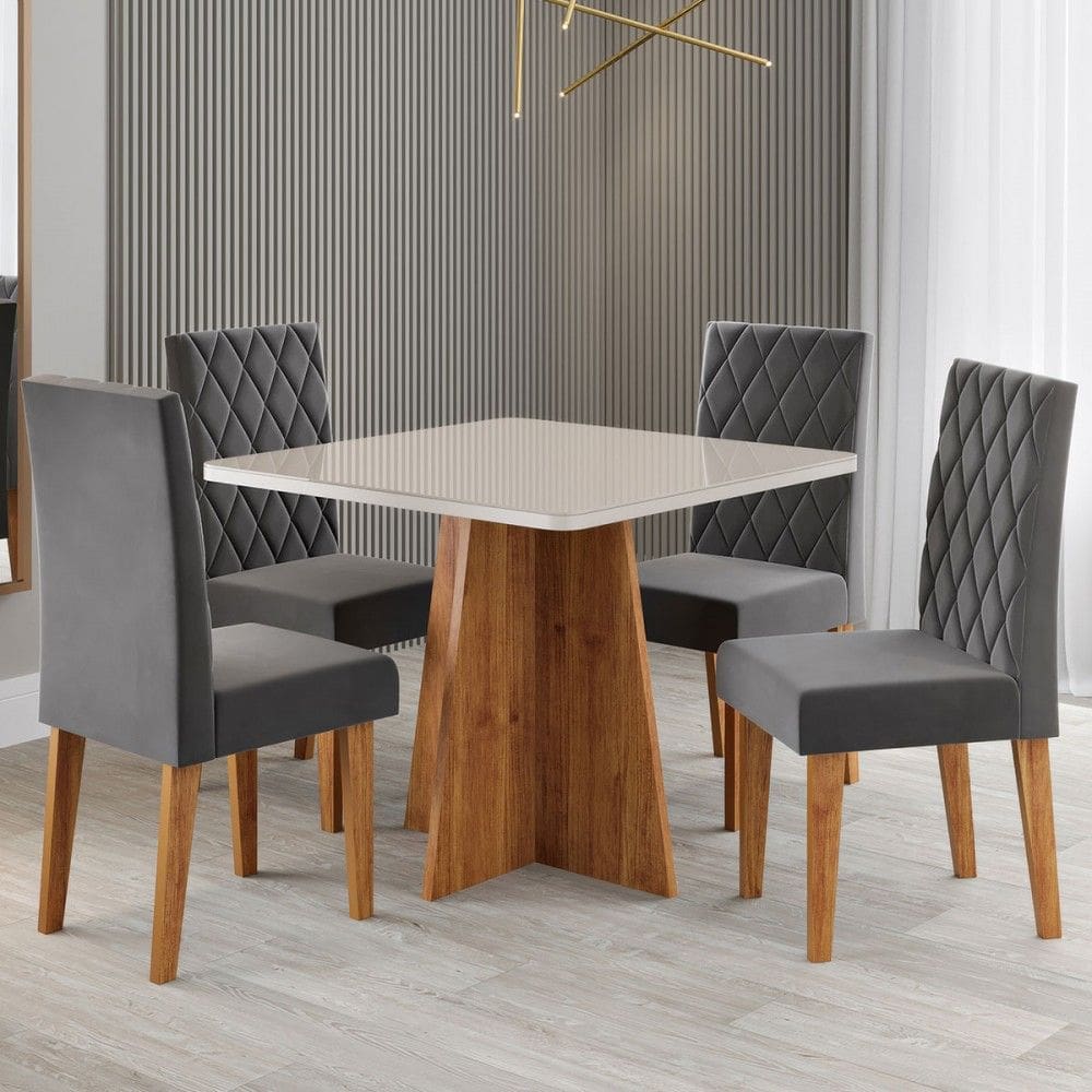 Mesa de Jantar 4 Lugares Evah com Vidro Marrom/Off White/Veludo Cinza - Viero Móveis