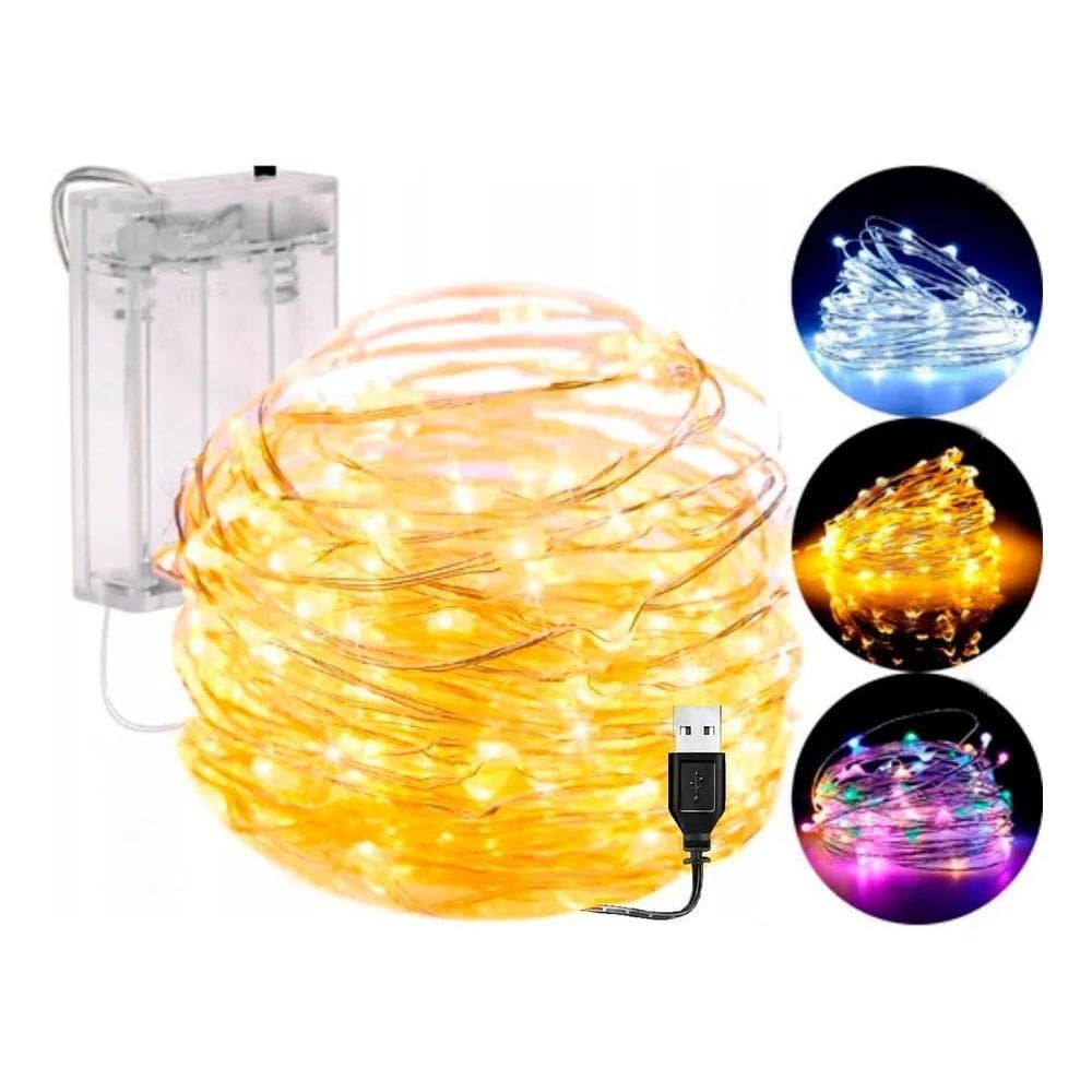 2X Fio Fada Cordão De Led 10M 100 Leds Fixo Pilha Branco Que