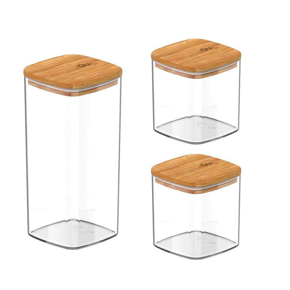 Kit 03 Potes Herméticos Tempero 150Ml E 340Ml Tampa De Bambu