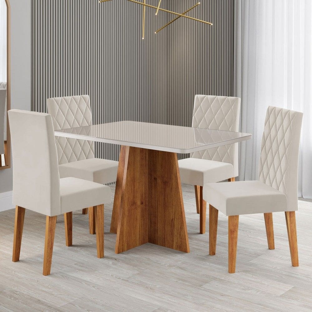 Mesa de Jantar 4 Lugares Antonella Marrom/Blonde/Veludo Pastel - Viero Móveis